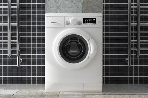 Modern White Washing Machine Bathroom Interior Extreme Closeup Rendering — Stock Photo, Image