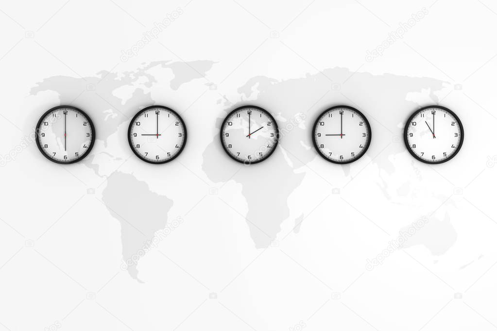 Set of Clocks with Different World Time with World Map on a white background. 3d Rendering 