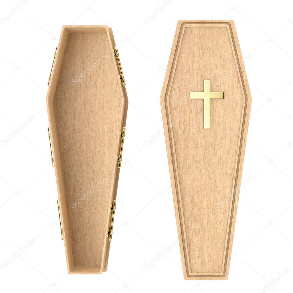 Wooden Coffin With Golden Cross and Handles on a white background. 3d Rendering 
