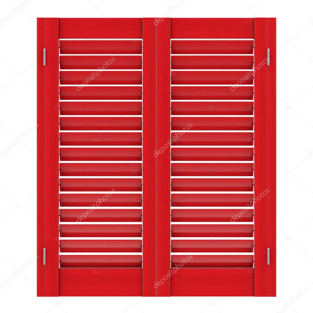 Retro Red Wooden Window with Sutters Jalousie on a white background. 3d Rendering 