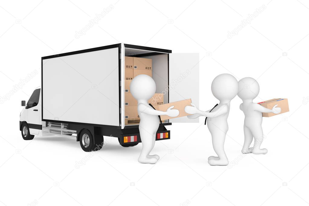 Delivery Men Persons Unloading Cardboard Parcel Boxes from Cargo Van Truck on a white background. 3d Rendering 