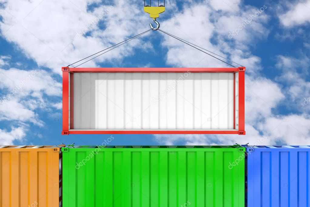 Empty Red Shipping Container with Removed Side Wall Transportation by Crane Hook on a blue sky background. 3d Rendering 