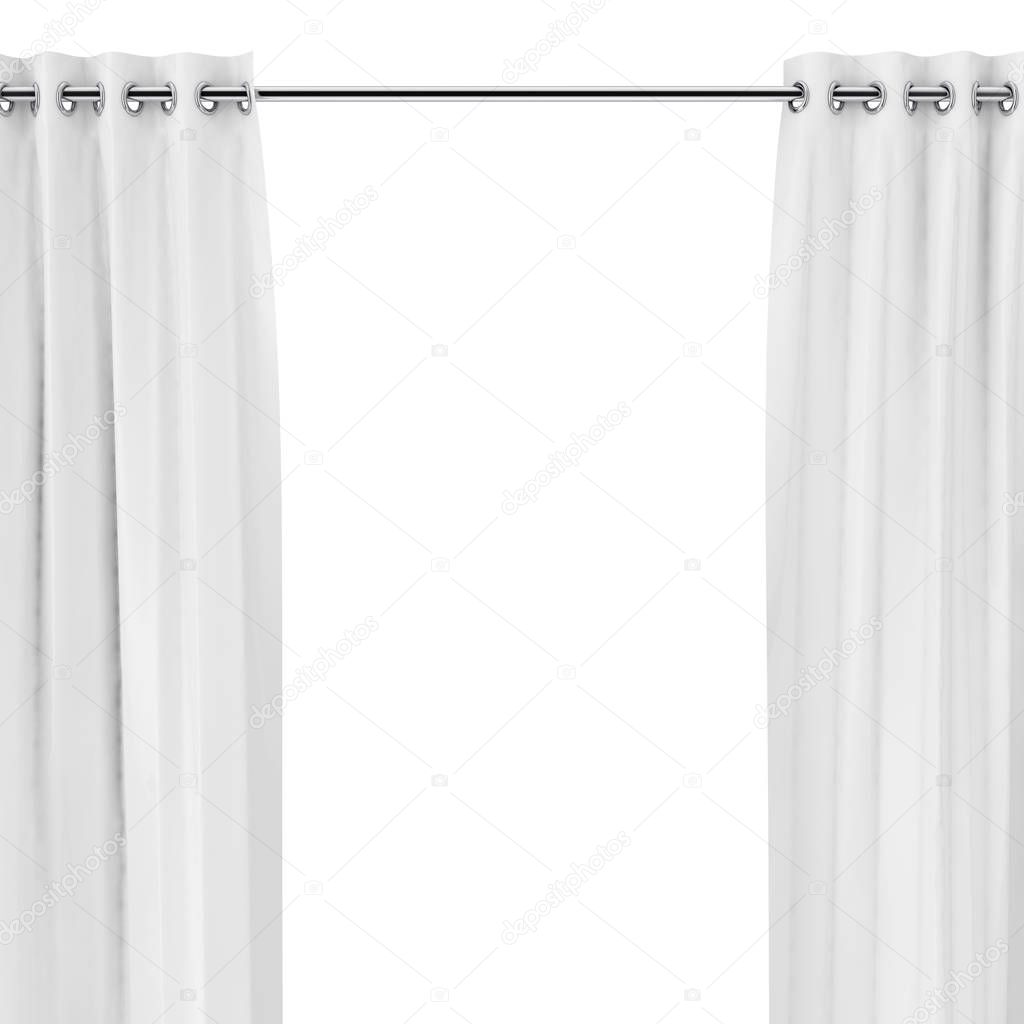White Curtains with Eyelets on the Round Ledge on a white background. 3d Rendering 