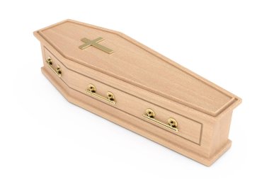 Ahşap tabut ile Golden Cross ve kolları beyaz zemin üzerinde. 3D render 