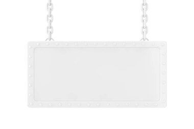 Beyaz boş işareti asılı beyaz bir arka plan üzerinde kil tarzında bir zincir. 3D render 