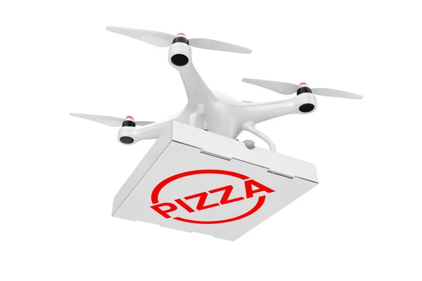 Air Drone Entregando Pizza Box Fundo Branco Renderização — Fotografia de Stock