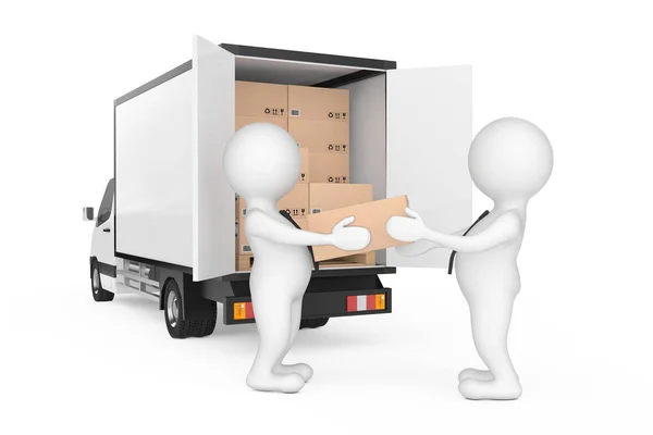 Dostawy Mężczyzn Osób Rozładunku Paczki Kartony Van Cargo Ciężarówka Białym — Zdjęcie stockowe