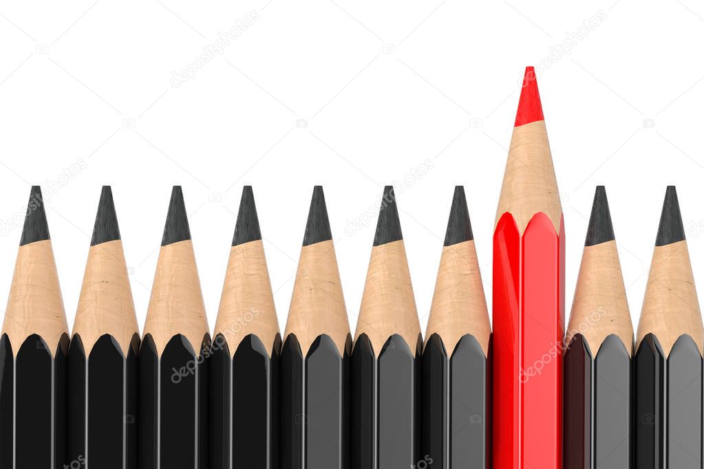 Think Differently Business Concept. Red Pencil Standing Out of Black Pencil Row on a white background. 3d Rendering 