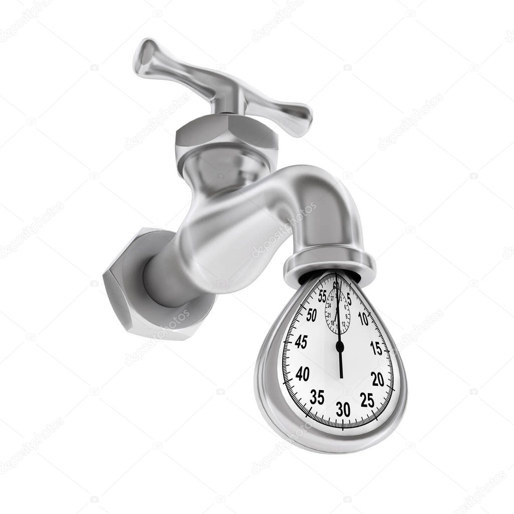Time Waste Concept. Water Tap with Falling Drop of Stopwatch on a white background. 3d Rendering 