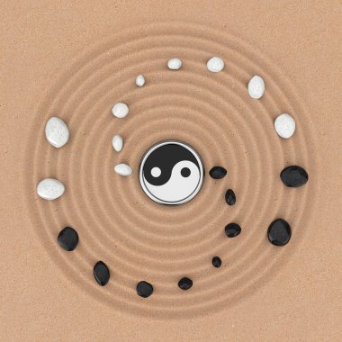 Ying Yang işareti ile beyaz ve siyah taşlar üzerinde Zen Meditasyonu S
