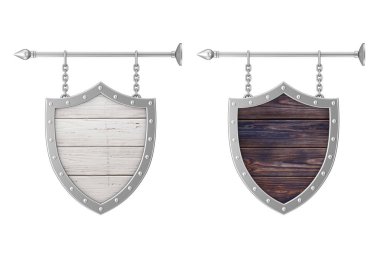 Kalkan zincirlerle paslı ahşap tabela şeklinde. 3D render