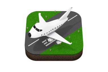 Karikatür oyuncak Jet uçak kalkış pist izometrik simgesinden. 3D 