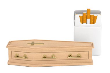 Mockup boş sigara paketi ahşap tabut ile altın Cros yakınındaki