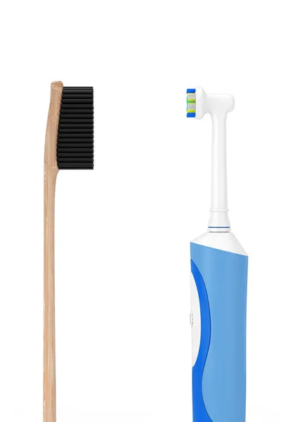 Spazzolino da denti in bambù di legno vicino a spazzolino da denti elettrico su una carica S — Foto Stock