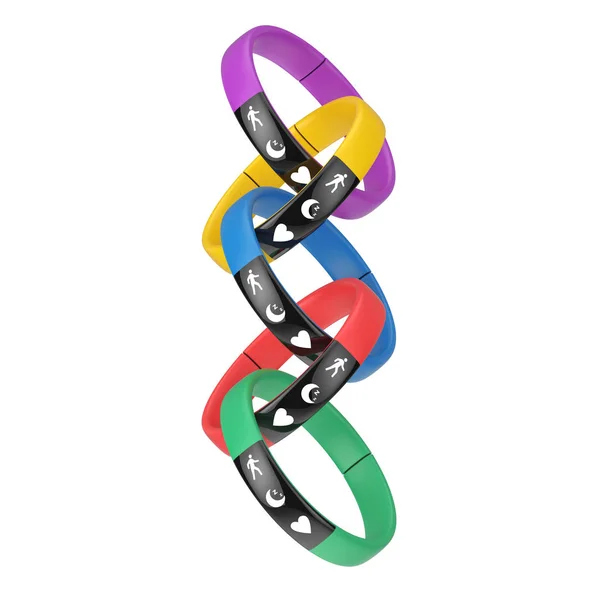 Trackers de fitness multicolores en forme de chaîne. Rendu 3d — Photo