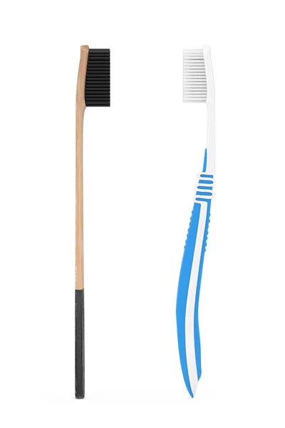 Cepillo de dientes de bambú de madera cerca del cepillo de dientes de plástico simple. 3d Ren — Foto de Stock