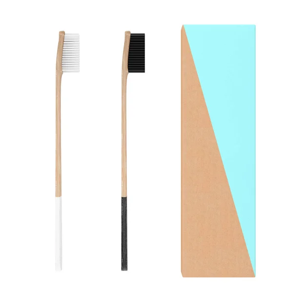 Cepillo de dientes de bambú de madera con caja de cartón. 3d rend —  Fotos de Stock