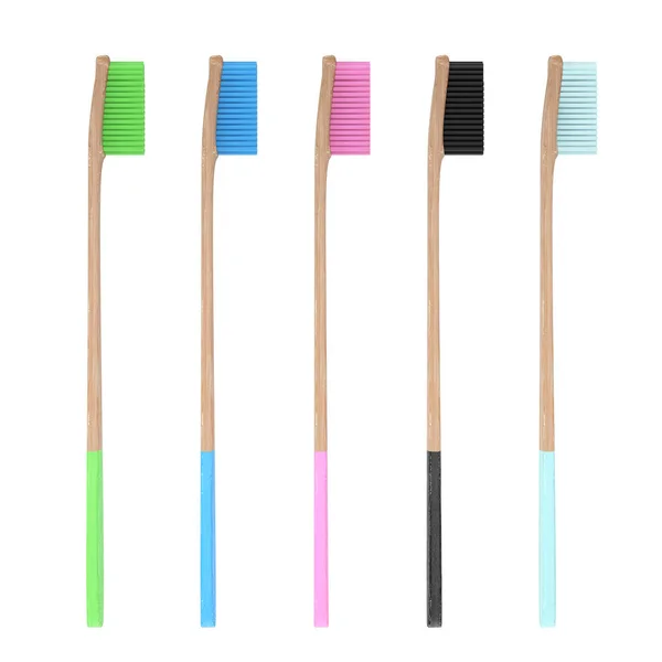 Cepillos de dientes de bambú de madera coloridos. Renderizado 3d — Foto de Stock