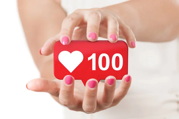 Two Woman Hands Protecting Red Social Media Network Love and Lik — Stock Photo, Image