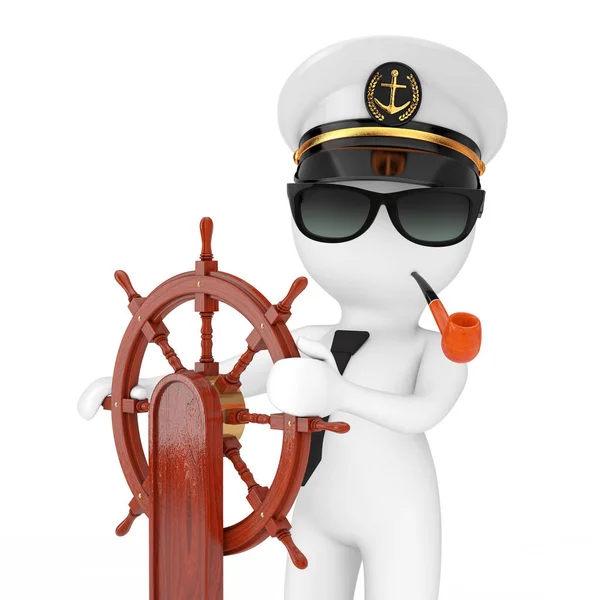 Captain Cartoon Character in Navy Ship Captain Hat with Smoking