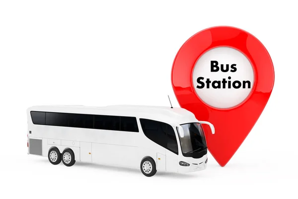 Stor vit Coach turnébuss nära målet Pin pekaren med buss station — Stockfoto