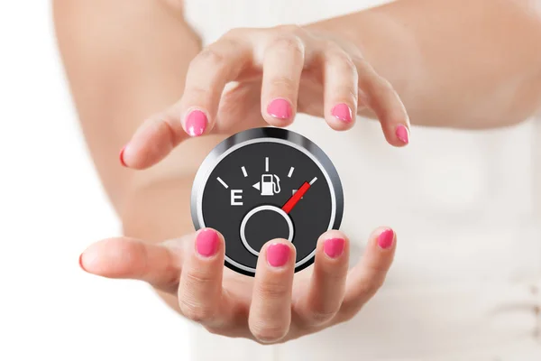 Two Woman Hands Protecting Fuel Dashboard Gauge Showing a Full T — Stock Photo, Image