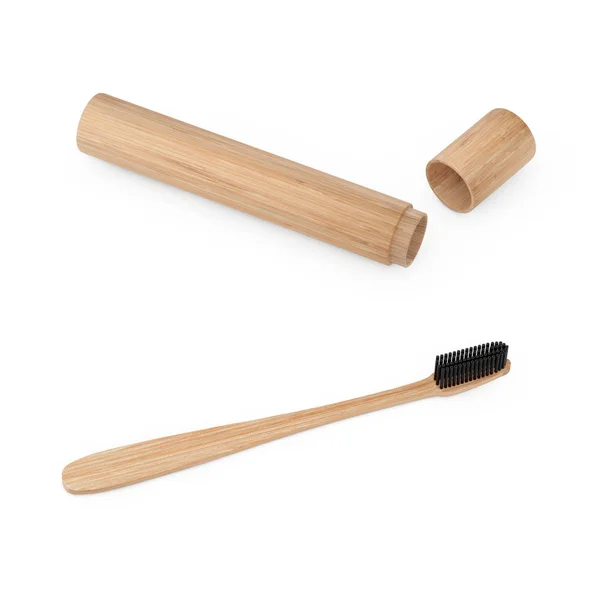Cepillo de dientes de bambú de madera con funda. Renderizado 3d — Foto de Stock
