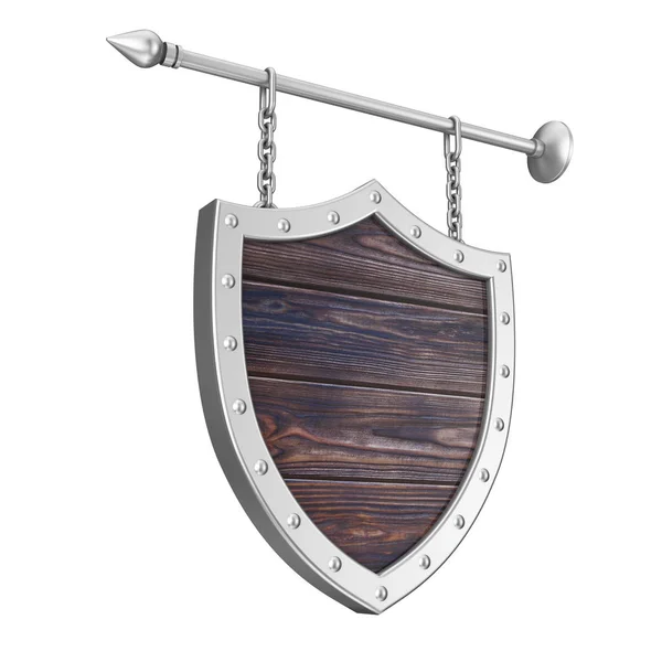 Escudo en forma de letrero de madera oxidada con cadenas. Renderizado 3d — Foto de Stock
