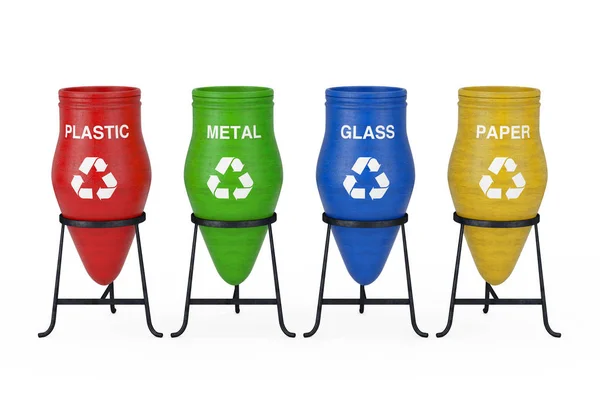 Bunte Tonmülltöpfe mit Recyclingschild und Mülltrennung — Stockfoto