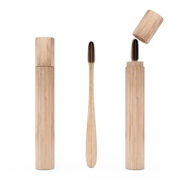 Escova de dentes de bambu de madeira com capa de caixa. Renderização 3d — Fotografia de Stock