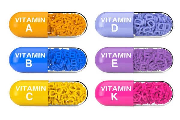 Vitamin renkli kapsül hap kümesi. 3D render — Stok fotoğraf