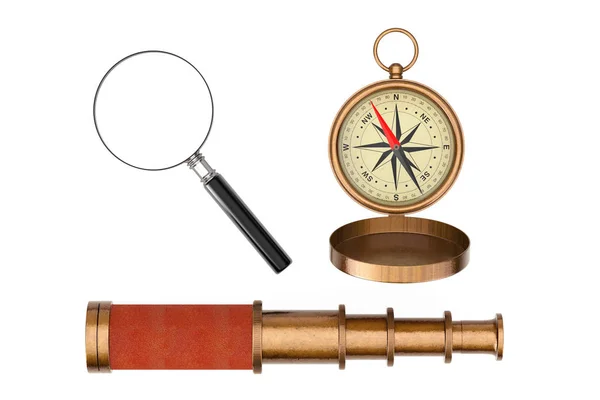 Antique Vintage Brass Compass, Telescope Spyglass and Magnifying — Stock Photo, Image