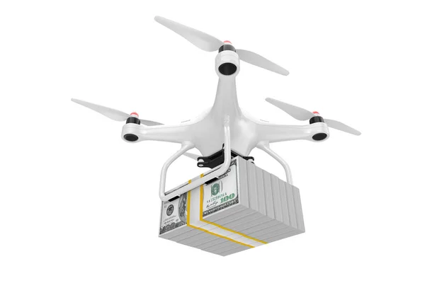 Air Drone Entregando Pilha de Dólares Dinheiro Contas. Renderização 3d — Fotografia de Stock
