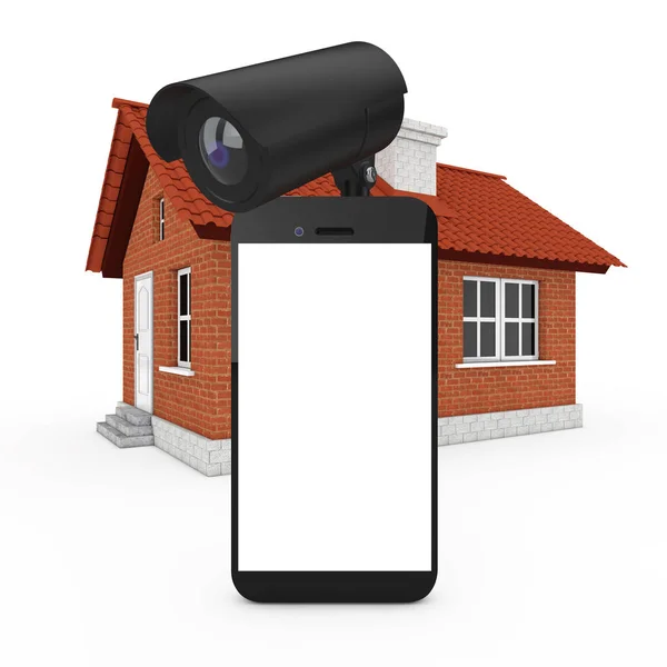 Otthoni biztonsági koncepció. Mozgatható telefon-val üres képernyő és munkavédelem ellenőrz — Stock Fotó