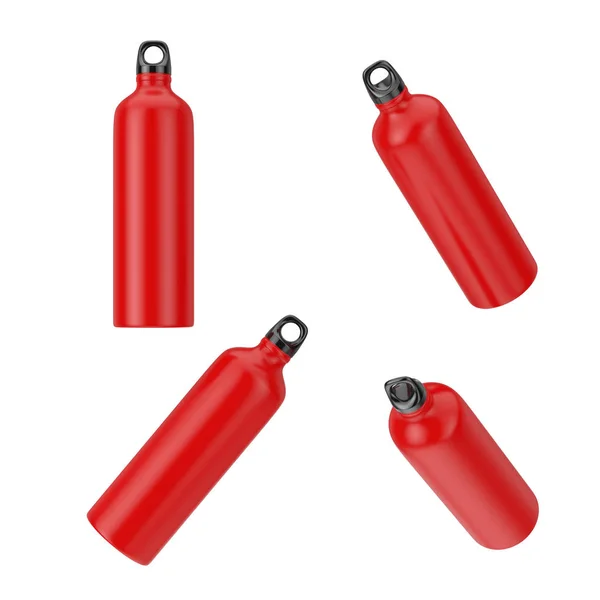 Rote Sportplastik Trinkwasserflaschen in unterschiedlicher Position. — Stockfoto