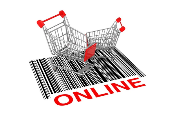 Two Empty Shopping Carts over Abstract Bar Code with Online Sign — Stock Photo, Image