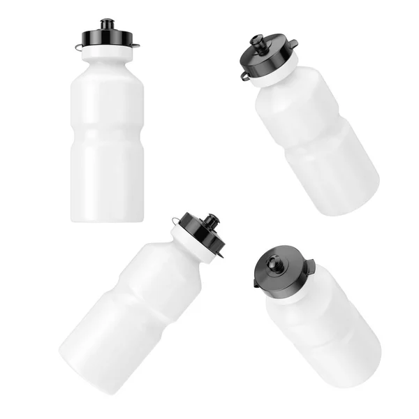 Garrafas de água potável plásticas brancas do esporte na posição diferente — Fotografia de Stock