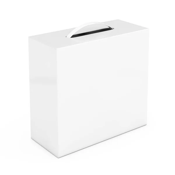 Mockup de caja de cartón blanco en blanco con mango de plástico. 3d Renderi — Foto de Stock