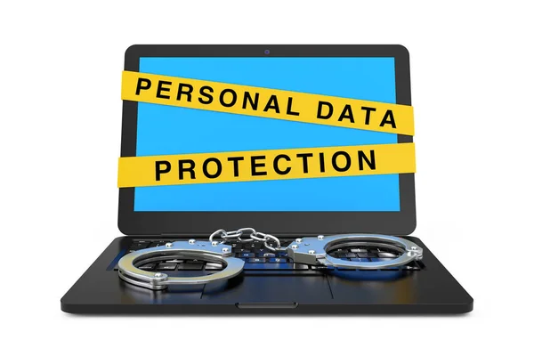 Portátil con esposas y señal de cinta de protección de datos personales. 3d — Foto de Stock