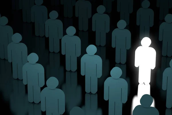 Leader-Concept. Een gloed Man persoon in menigte van gewone mensen. 3D — Stockfoto