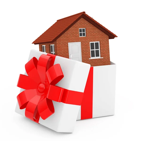 Edificio de la casa en caja de regalo con cinta roja y arco. Renderizado 3d —  Fotos de Stock