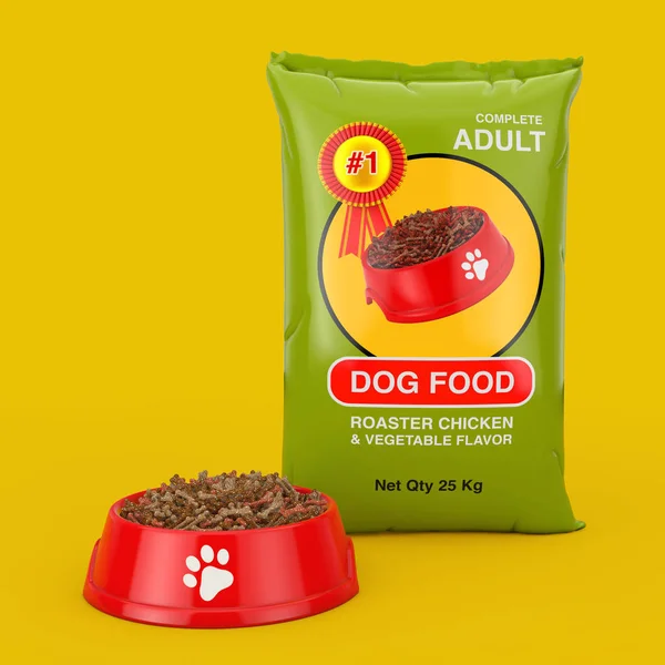 Dog Food Bag Package Design near Red Plastic Bowl with Dry Food