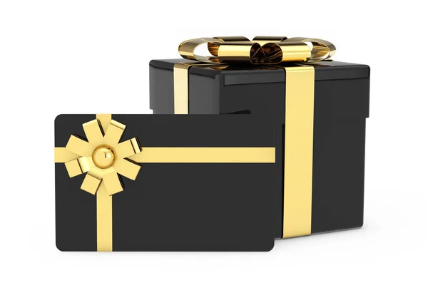 Black Cardoard Gift Box, Black Gift Card con nastro dorato e — Foto Stock