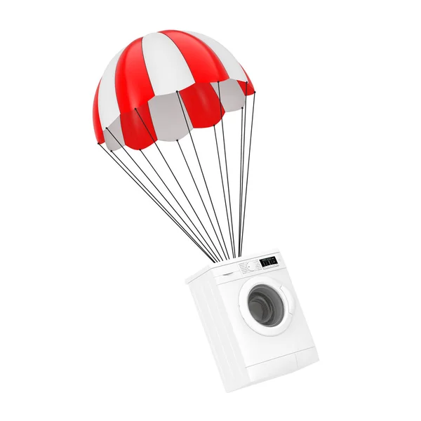 Máquina de lavar branca moderna com paraquedas vermelhos. Renderização 3d — Fotografia de Stock