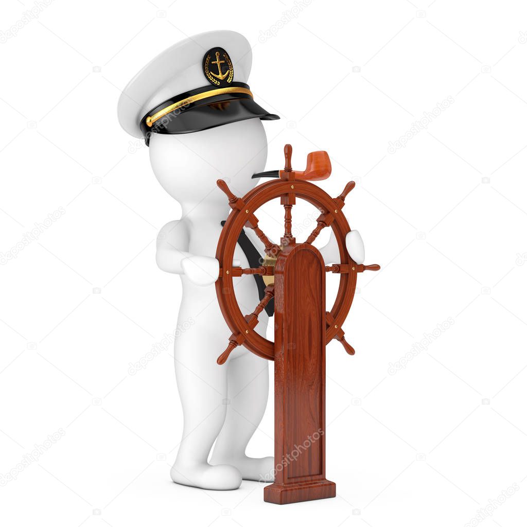 Captain Cartoon Character in Navy Ship Captain Hat with Smoking 