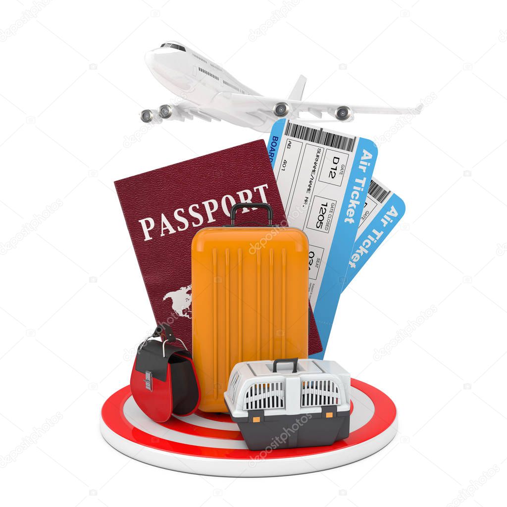 Travel Concept. Modern Passanger Airplane, Luggage with Passport