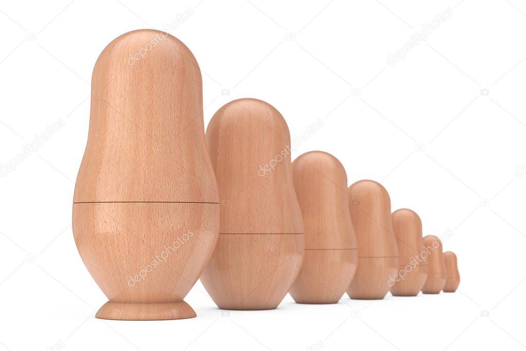 Row of Russian Wooden Blank Matryoshka Nesting Dolls Mockups. 3d