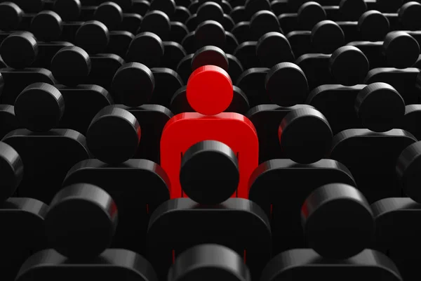 Leader Concept. One Red Man Person in Crowd of Plain People. 3d — Stock Photo, Image