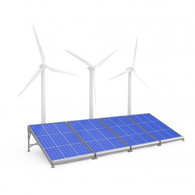 Güneş Panelleri ve Rüzgar Türbinleri. 3d Rendering