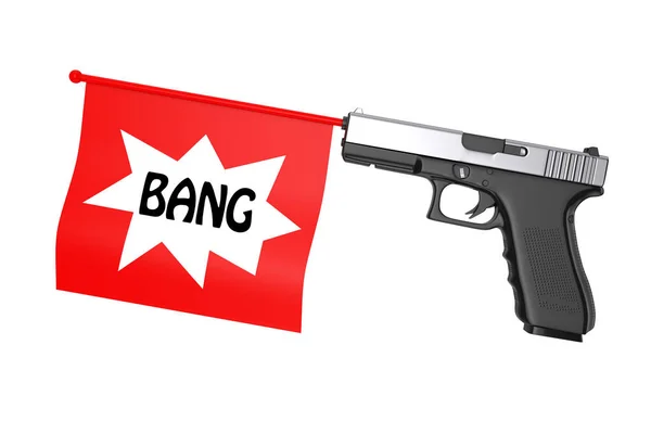 Czerwona flaga Bang Comming out z Modern Gun. Renderowanie 3D — Zdjęcie stockowe